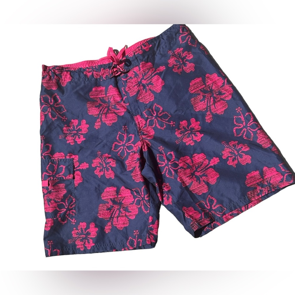 Men’s Swim Trunks/Board Shorts by Balboa Swimwear - Navy/Pink Floral Hawaiian